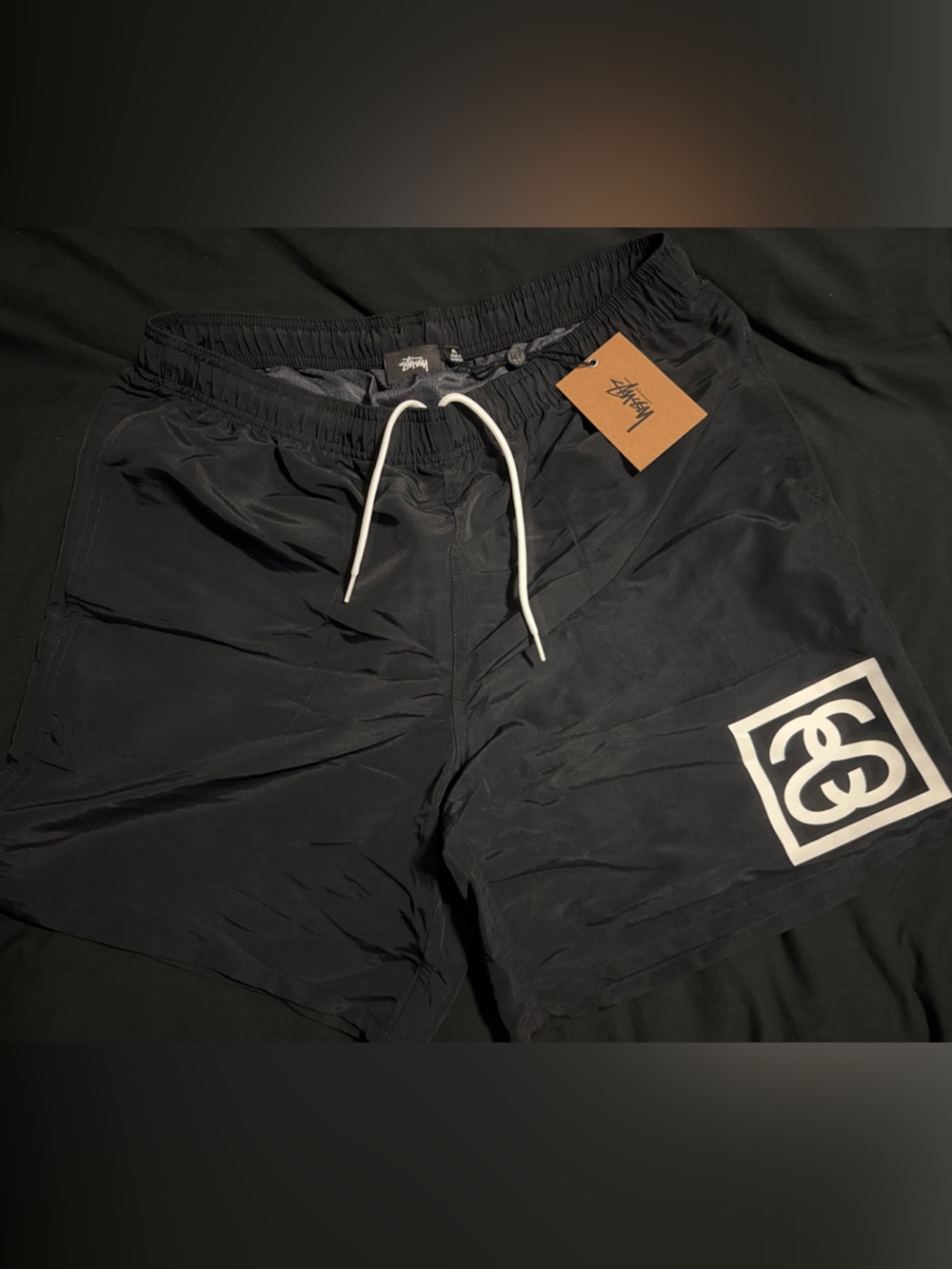 Stussy Black Swim Shorts with White Logo